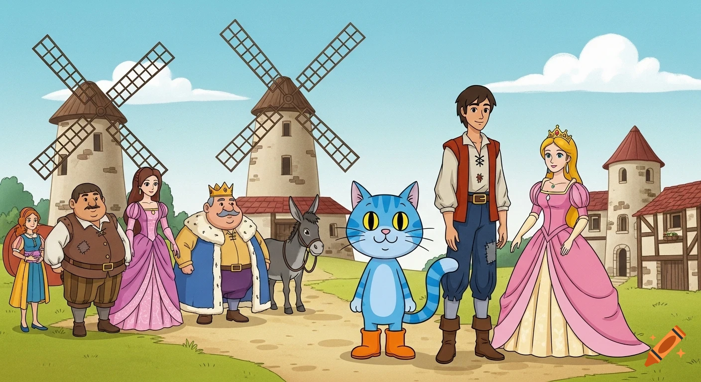 Cartoon illustration of fairy tale characters including Puss in Boots, a young man, princess, king, and donkey in a village.
