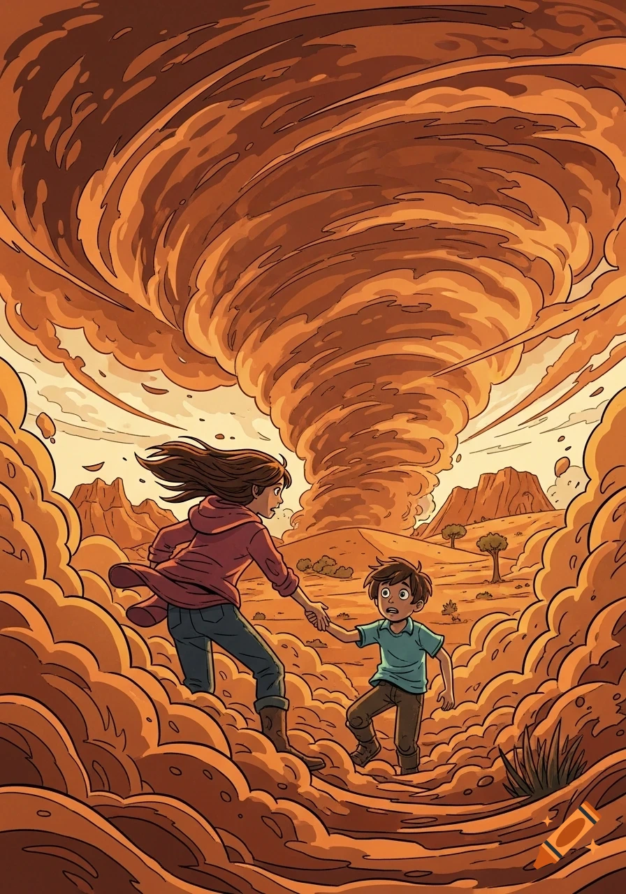 Stylized illustration of a brave girl holding a scared boy's hand, walking through a massive orange-brown dust storm in a desert.