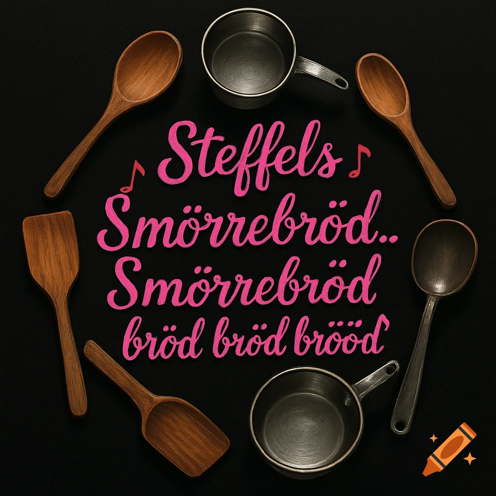 Overhead shot of various wooden kitchen utensils and metal measuring cups arranged in a circle on a black background, framing pink cursive text that reads 'Steffels Smörrebröd.. Smörrebröd bröd bröd bröööd' with musical notes.