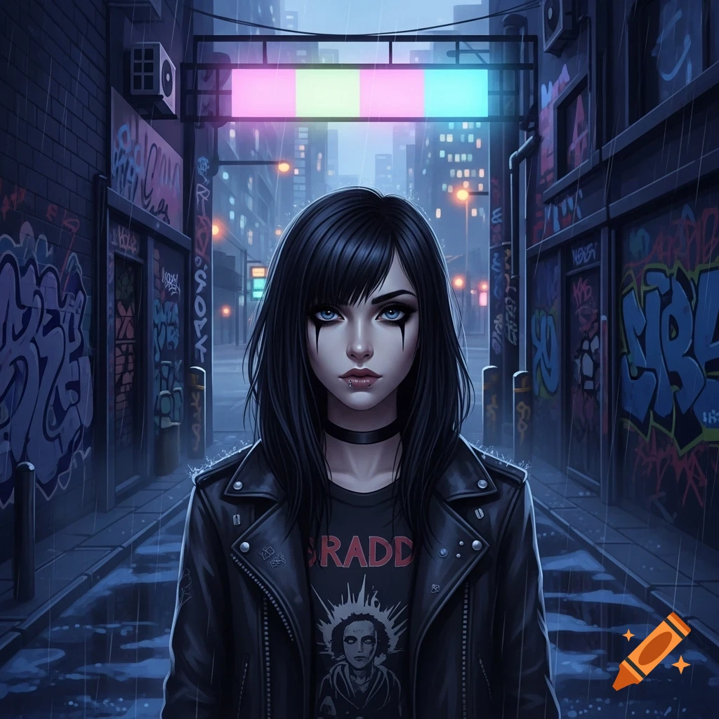 An emo girl with black hair and heavy eye makeup stands in a rainy, graffiti-covered city alleyway at night, wearing a black leather jacket.