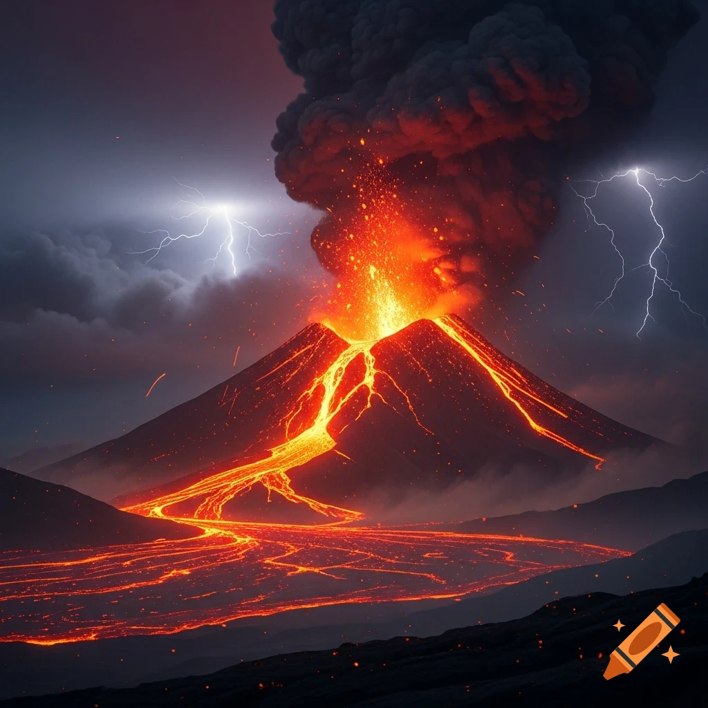A dramatic volcanic eruption at night with bright orange lava flowing down the mountain, ash plume, and lightning strikes in a stormy sky.