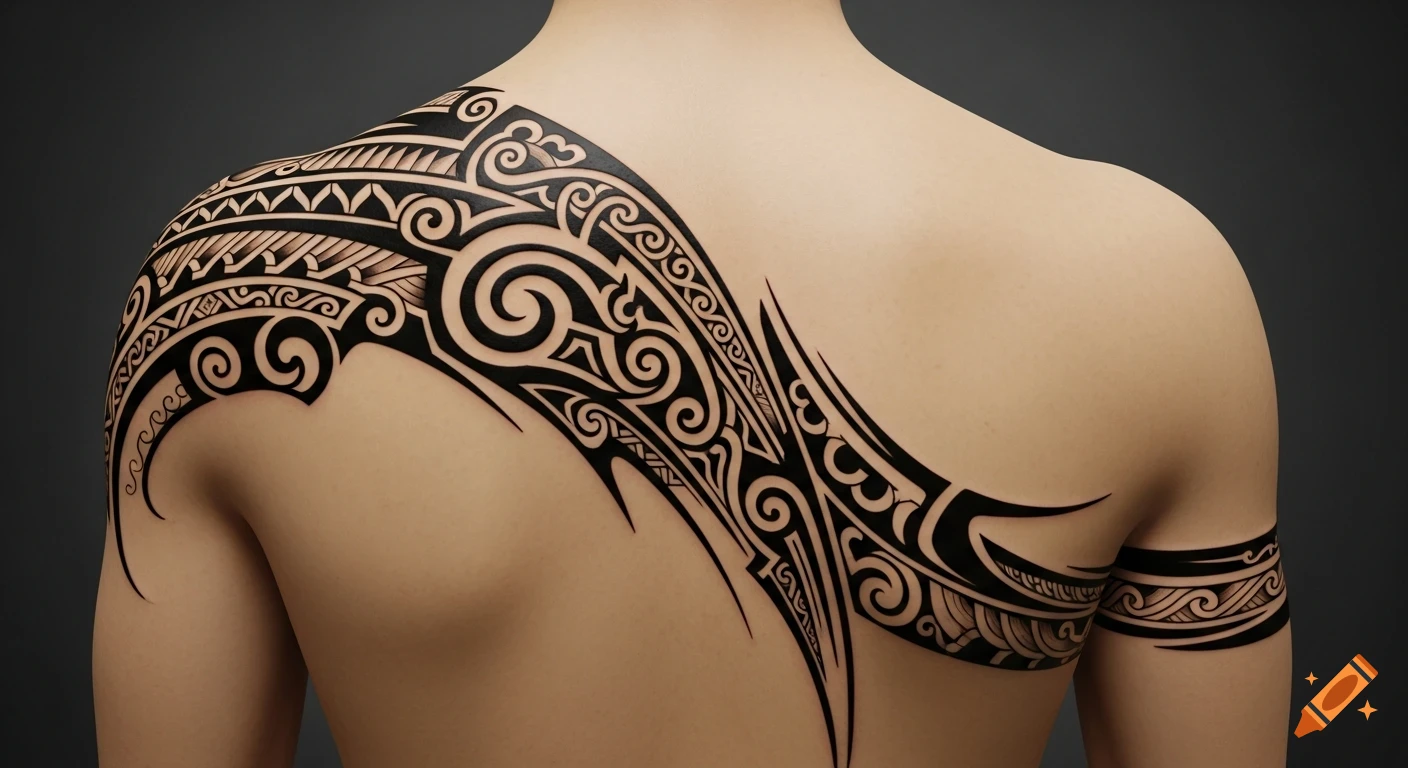 A person's upper back and shoulder adorned with a large, intricate black tribal tattoo in the Iban Dayak style.
