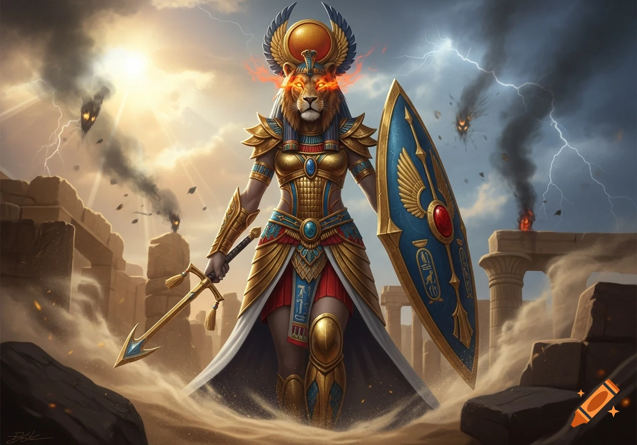A majestic, armored lioness-headed Egyptian goddess, possibly Sekhmet, stands in a ruined desert landscape under a stormy sky with lightning, holding a sword and shield.