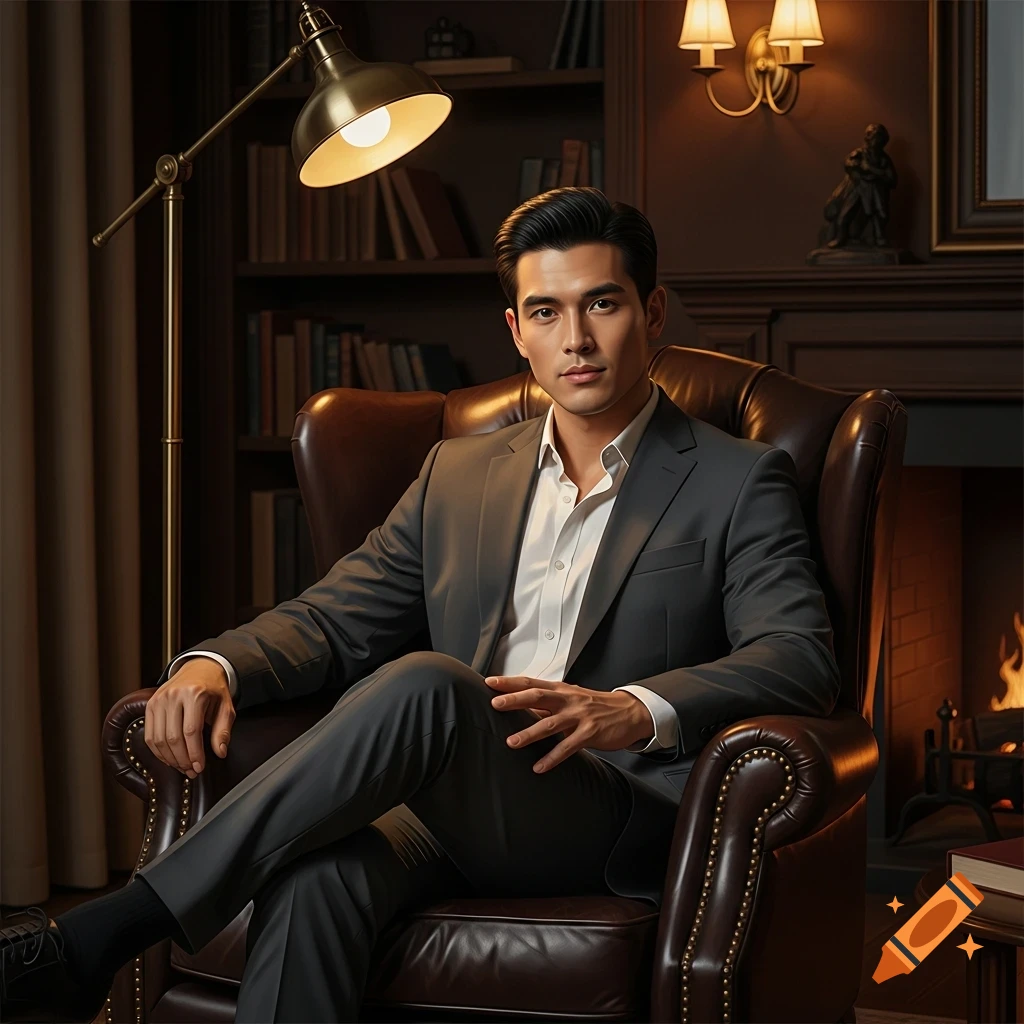 A handsome man in a dark suit sits in a leather armchair in a dimly lit study with bookshelves and a fireplace.