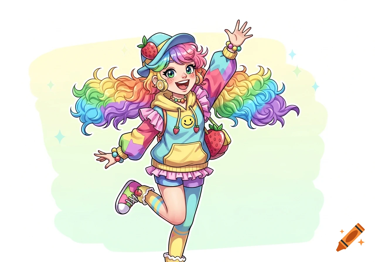 A cheerful anime girl with long rainbow hair, wearing a pastel multi-colored hoodie and strawberry accessories, jumping and waving.