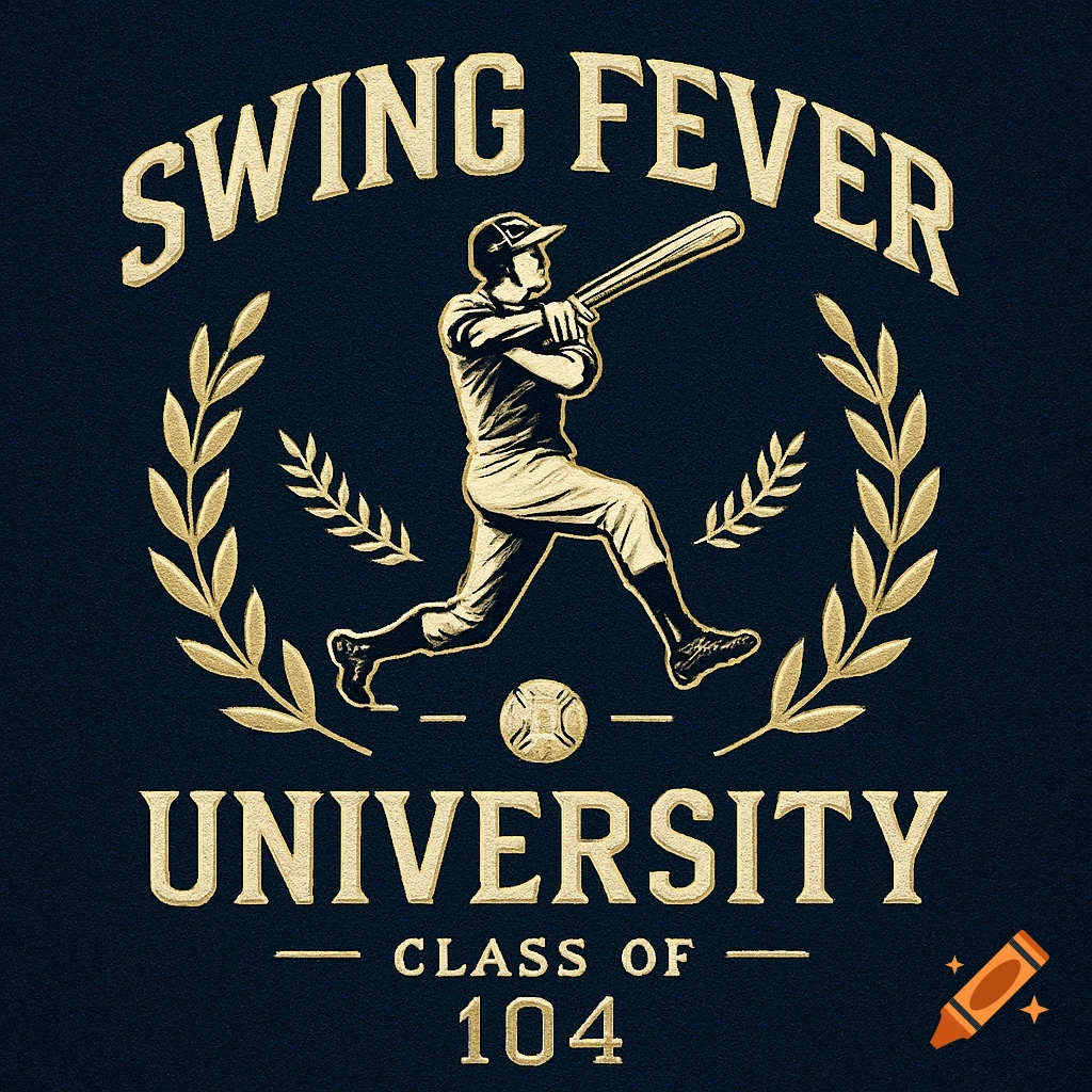 Vintage baseball logo featuring a batter, a laurel wreath, and the text 'SWING FEVER UNIVERSITY CLASS OF 104'.