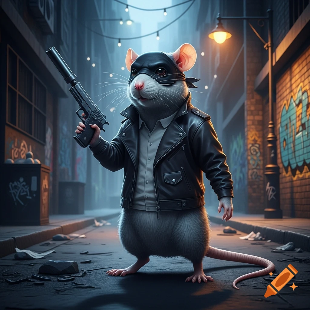 A masked anthropomorphic rat in a black leather jacket and shirt holds a pistol with a suppressor in a dark, graffiti-covered city alley.