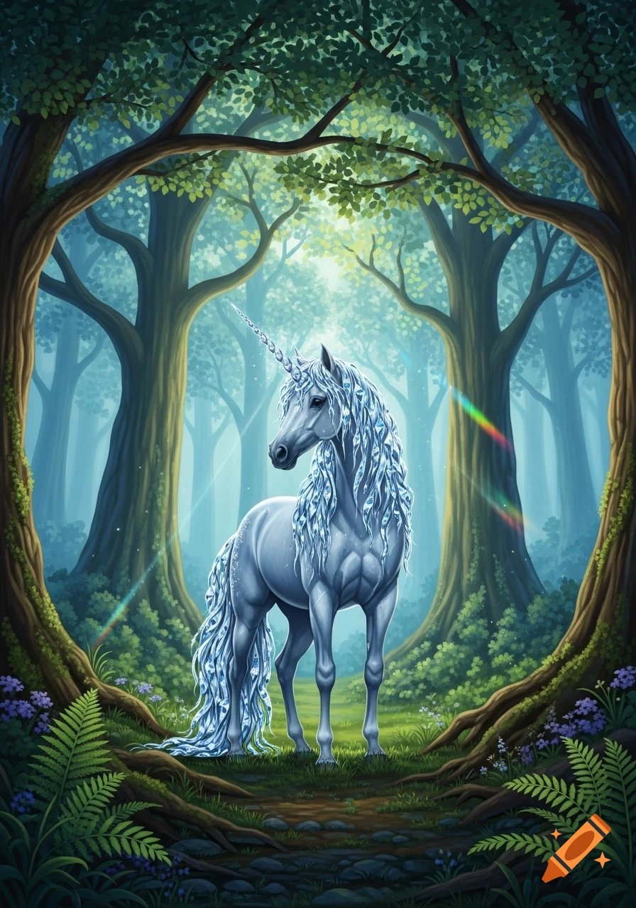A majestic crystal unicorn with a shimmering mane stands in an enchanted forest with light filtering through glowing trees.