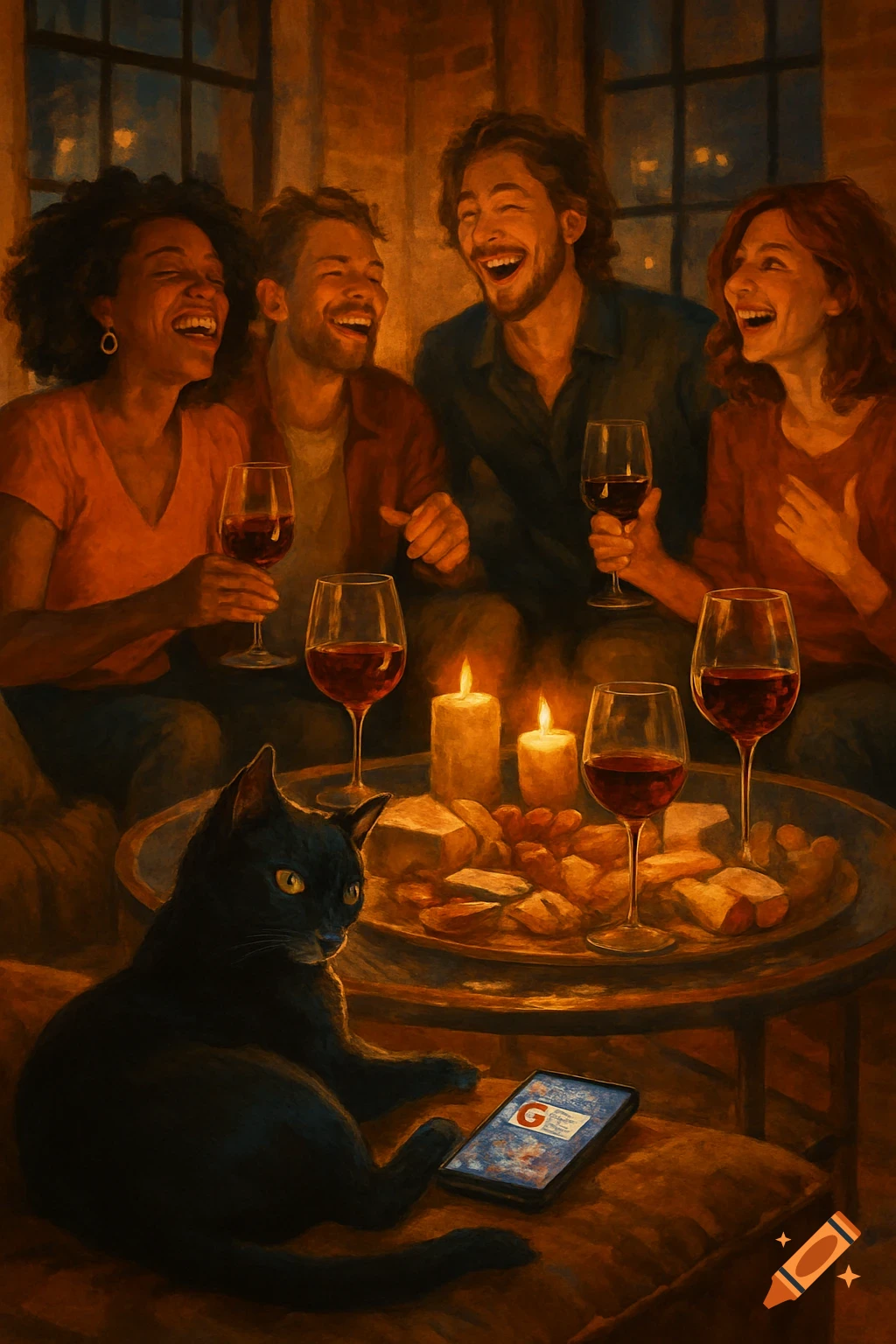 A group of four friends laughs together, drinking red wine by candlelight with a black cat and a smartphone nearby, rendered in a painterly style.