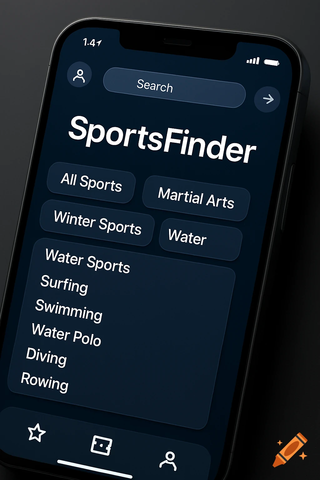 A dark mode mobile app interface named SportsFinder, displaying various sports categories like Martial Arts, Winter Sports, and an expanded Water Sports list with Surfing, Swimming, Water Polo, Diving, and Rowing.