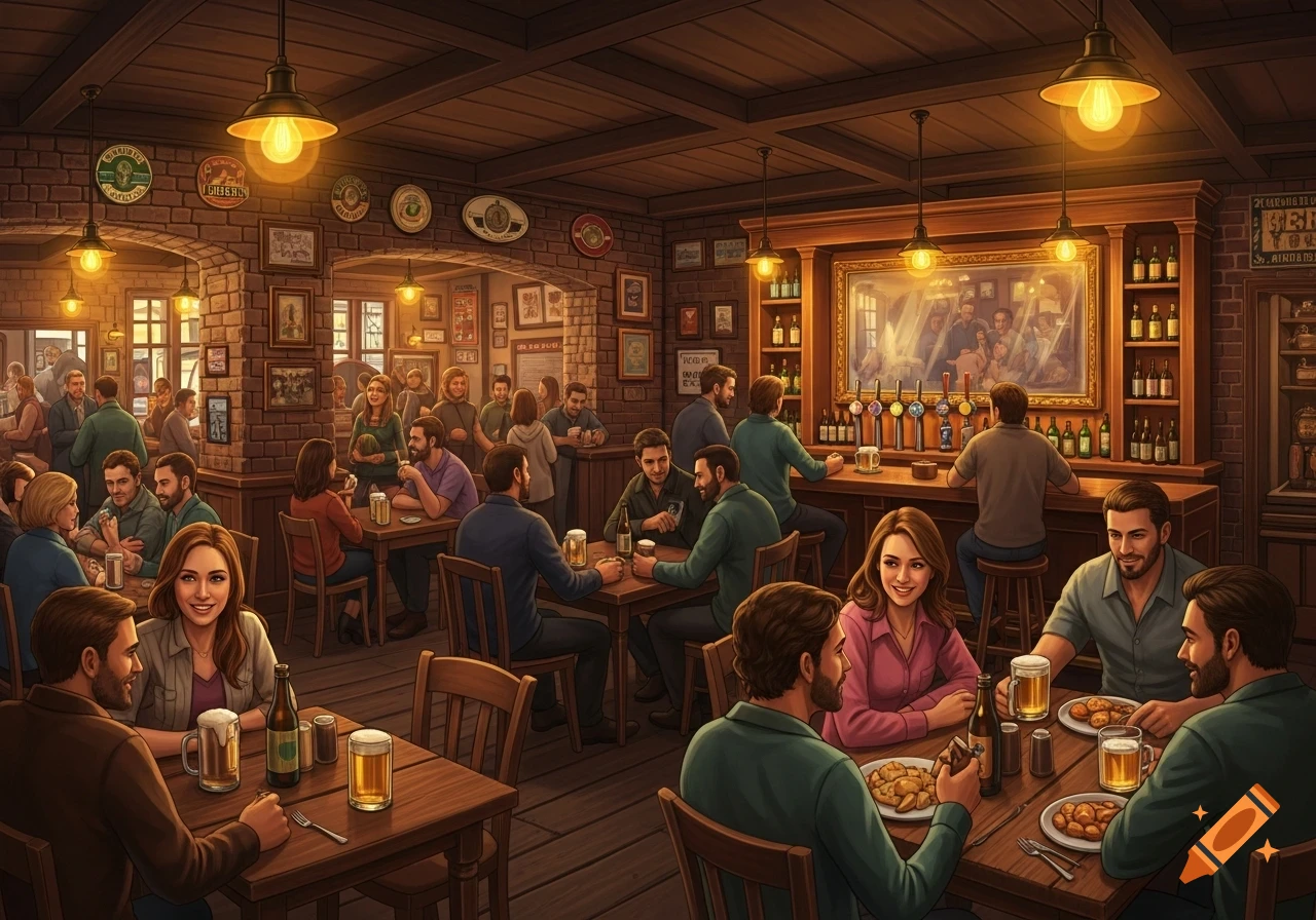 A lively illustration of people socializing inside a cozy, dimly lit pub with brick walls, wooden tables, and a bar. Patrons drink beer and eat food.