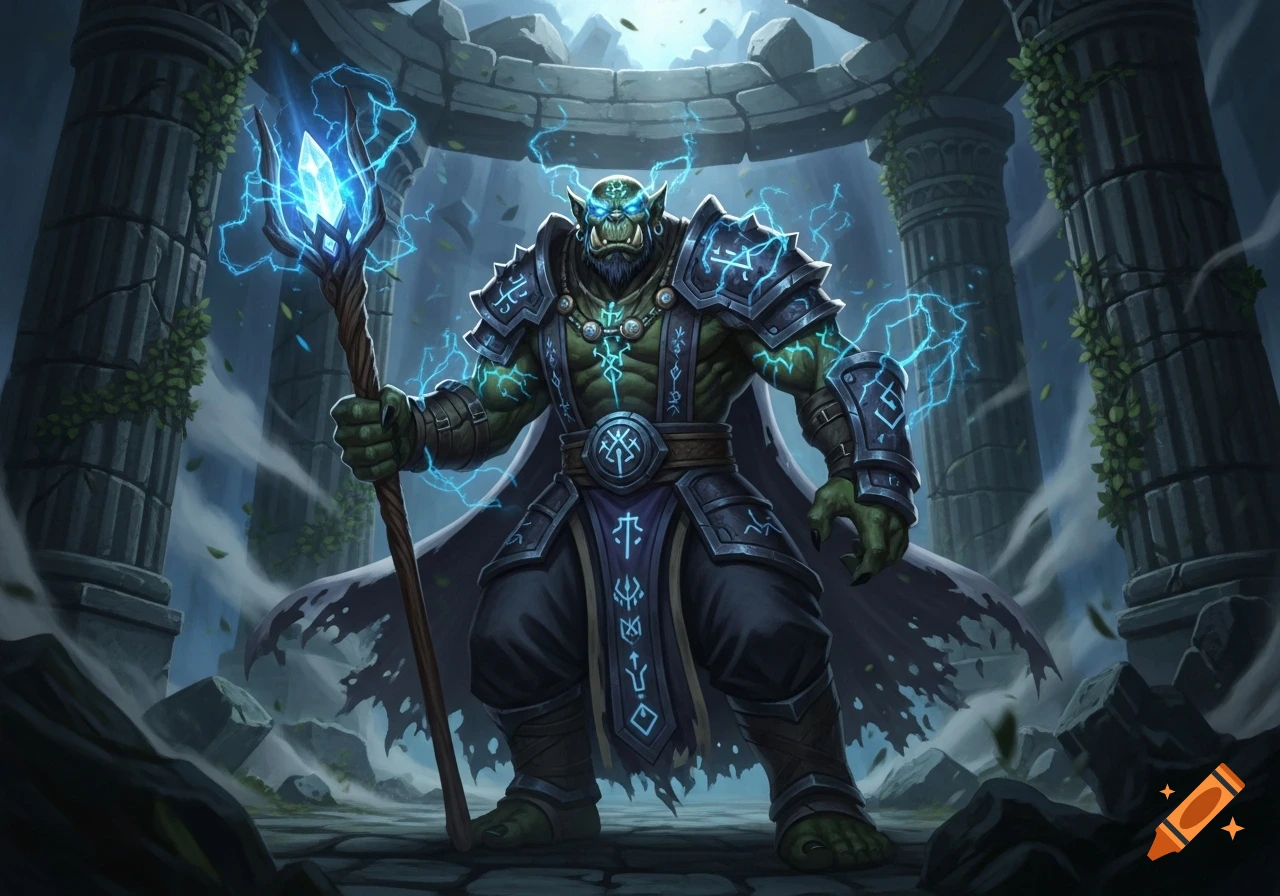 A powerful green orc wizard with glowing eyes and lightning magic, holding a crystal staff amidst ancient ruins.