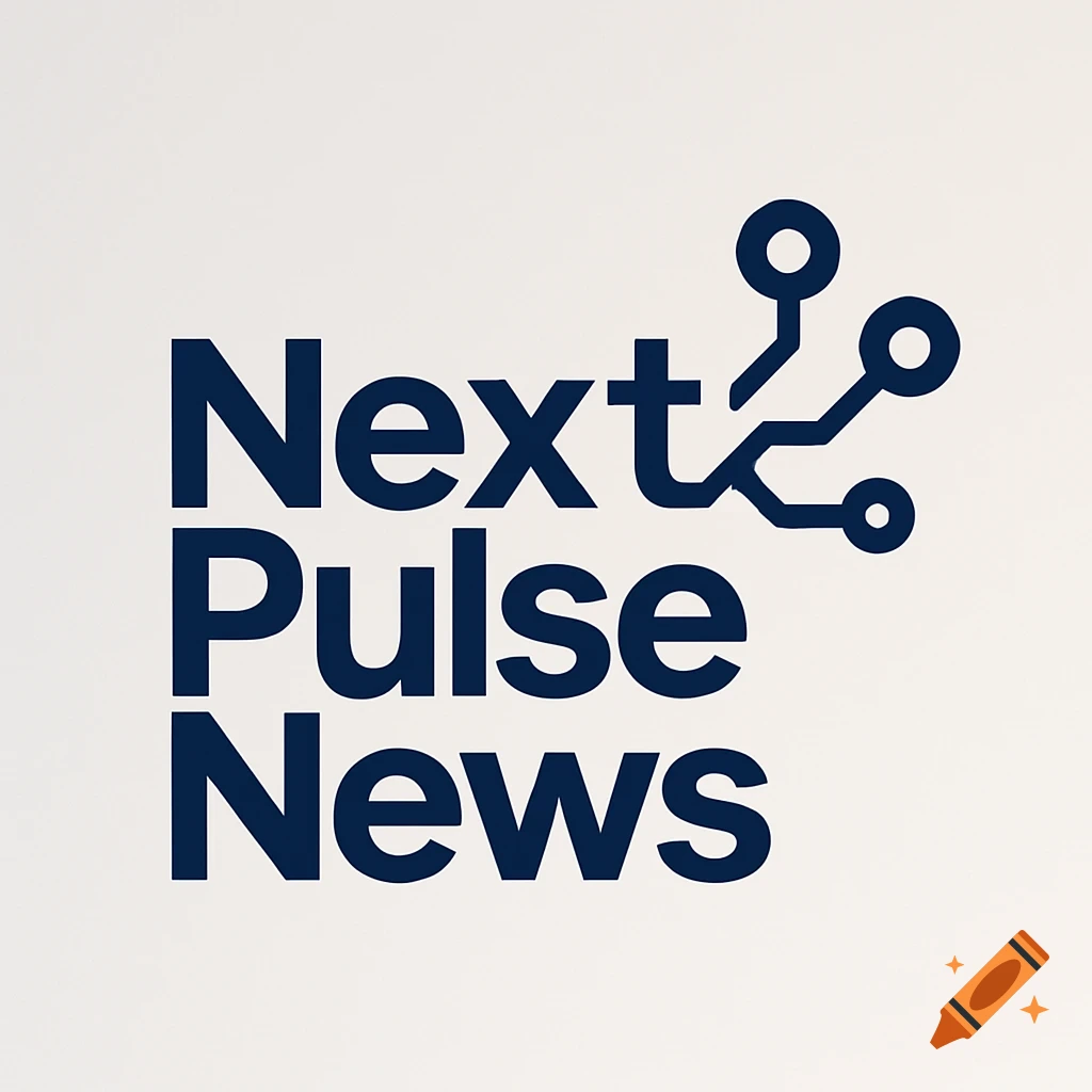 A modern tech news logo with the text "Next Pulse News" in dark blue against a light background, featuring a circuit board design connected to the 't' in 'Next'.