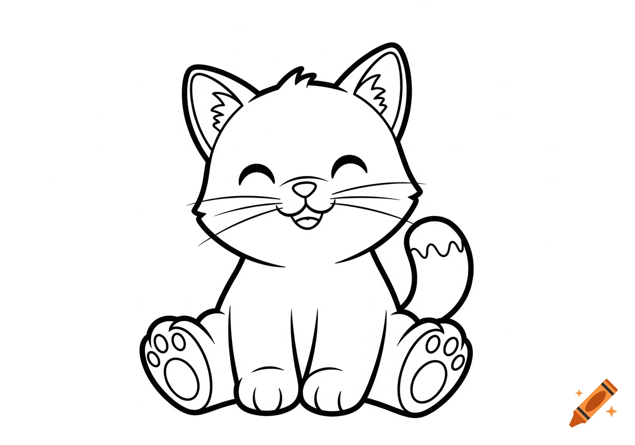 A cute cartoon cat in black and white line art, smiling and sitting, in a coloring book style.