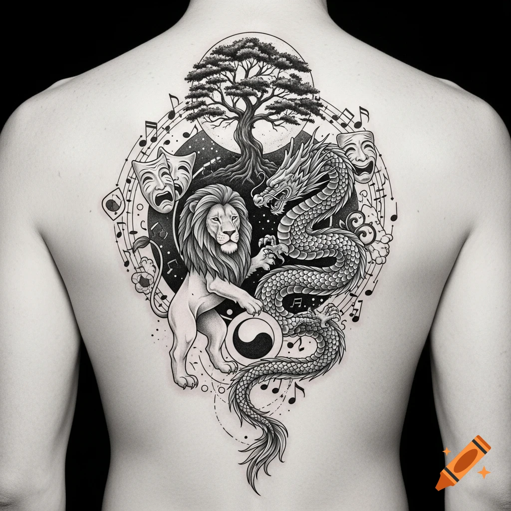 Detailed black and white tattoo on a person's back featuring a lion, a dragon, a tree, theater masks, and musical notes around a yin-yang symbol.