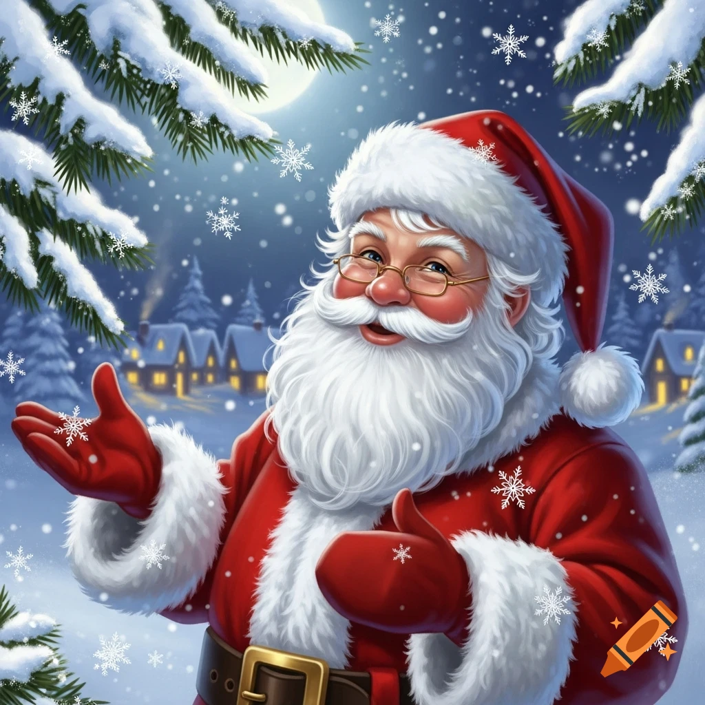 A cheerful Santa Claus with a white beard and red suit, wearing glasses, stands in a snowy forest at night with a full moon and falling snowflakes, a village in the background.