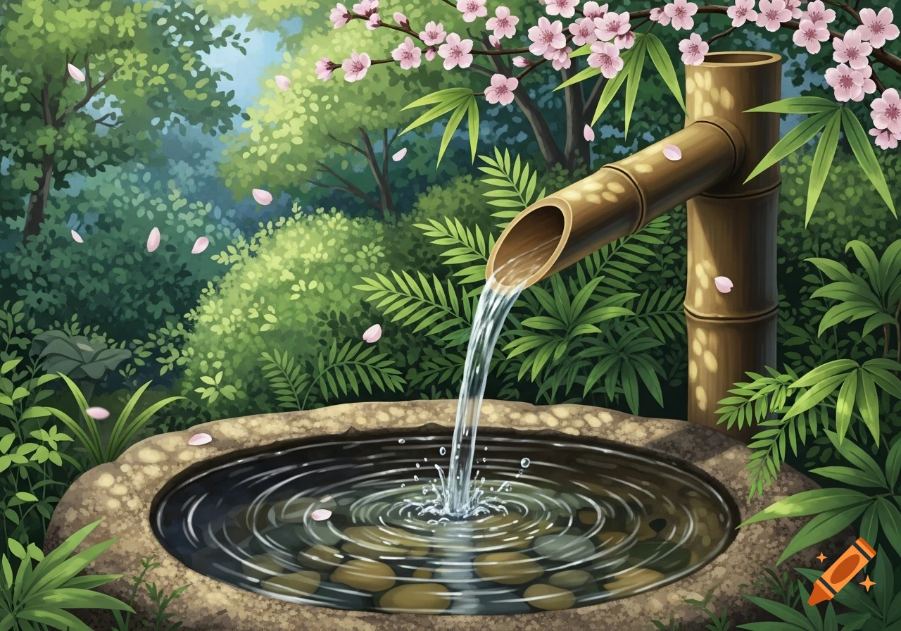 Illustrated Japanese garden with water flowing from a bamboo spout into a stone basin, surrounded by green foliage and pink cherry blossoms.
