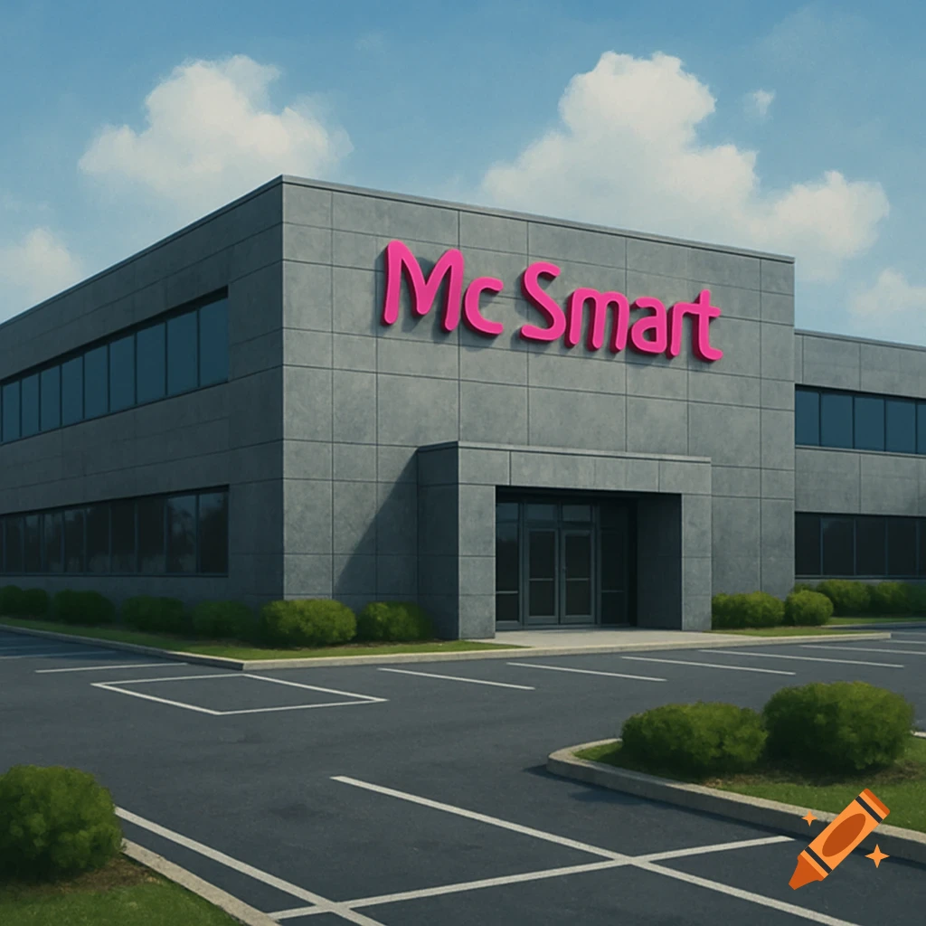 Modern gray office building with 'Mc Smart' in pink letters, a large asphalt parking lot, and green bushes under a blue sky.