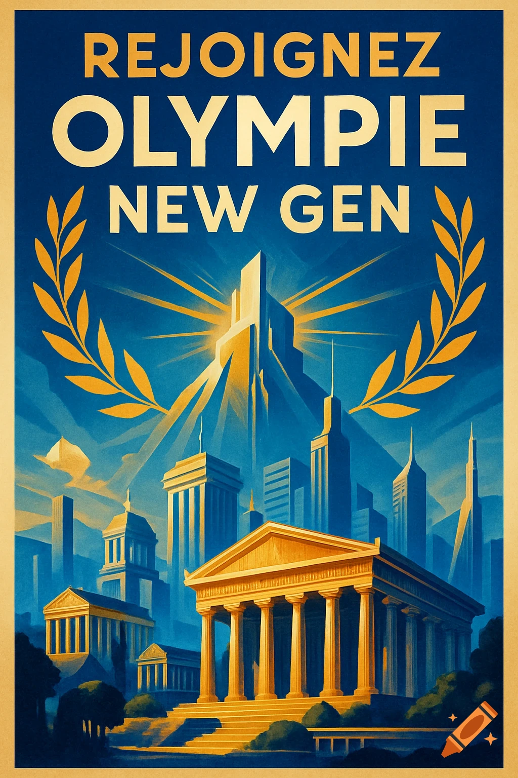 Retro-style poster with 'REJOIGNEZ OLYMPIE NEW GEN' over temples and skyscrapers against a blue sky with a sunburst.