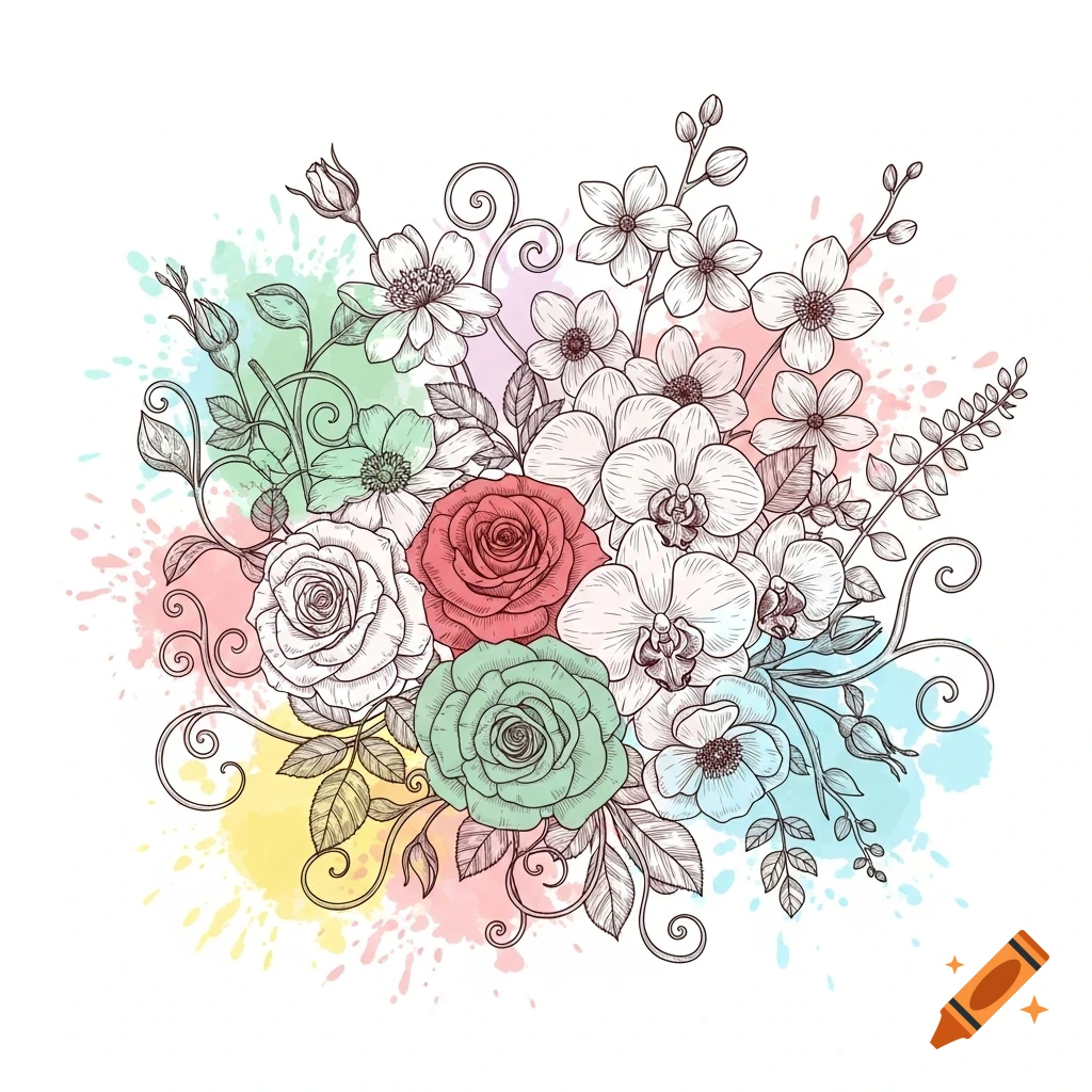 Line art illustration of a floral bouquet with roses, orchids, and other flowers, adorned with colorful watercolor splashes.