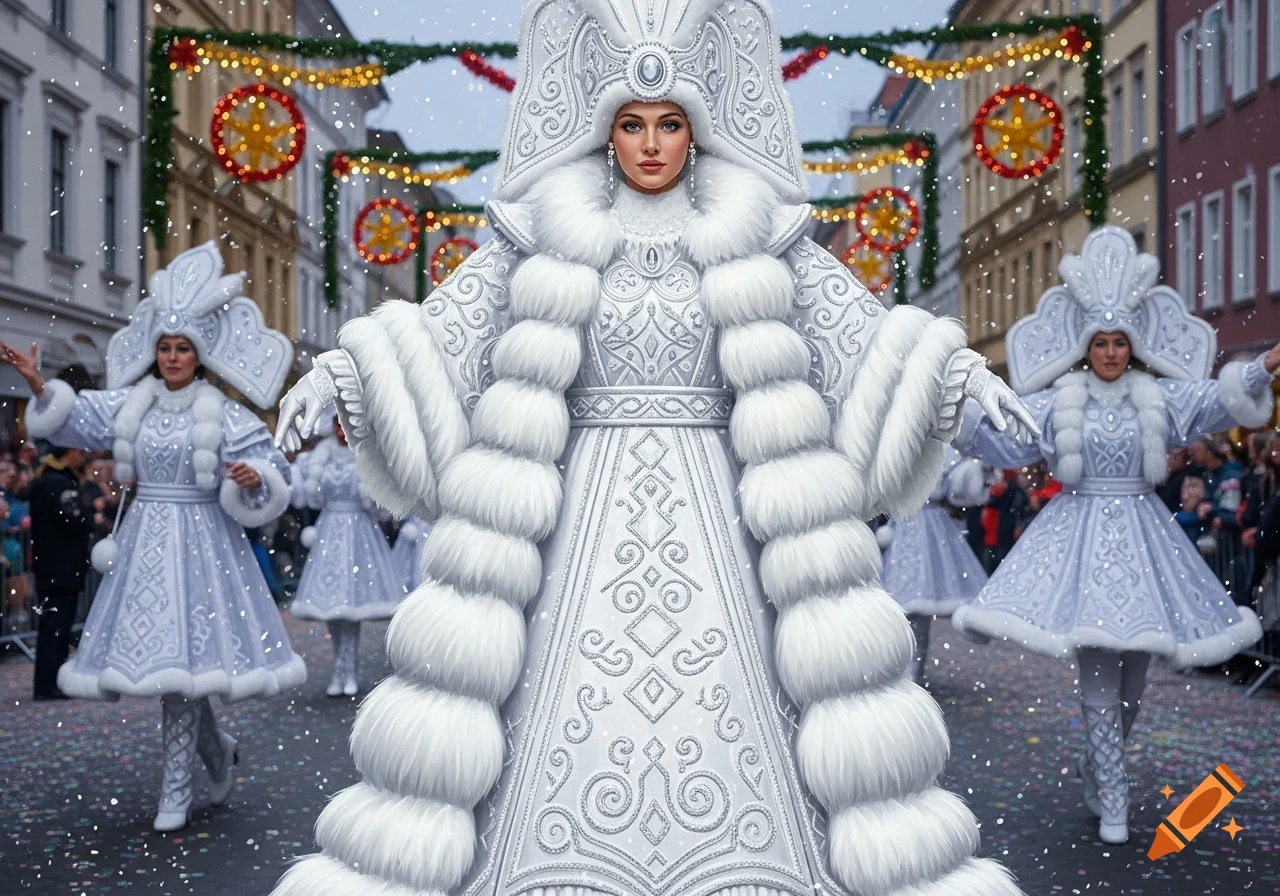 A woman in an elaborate white fur-trimmed costume and tall hat stands in a snowy street parade with other performers.