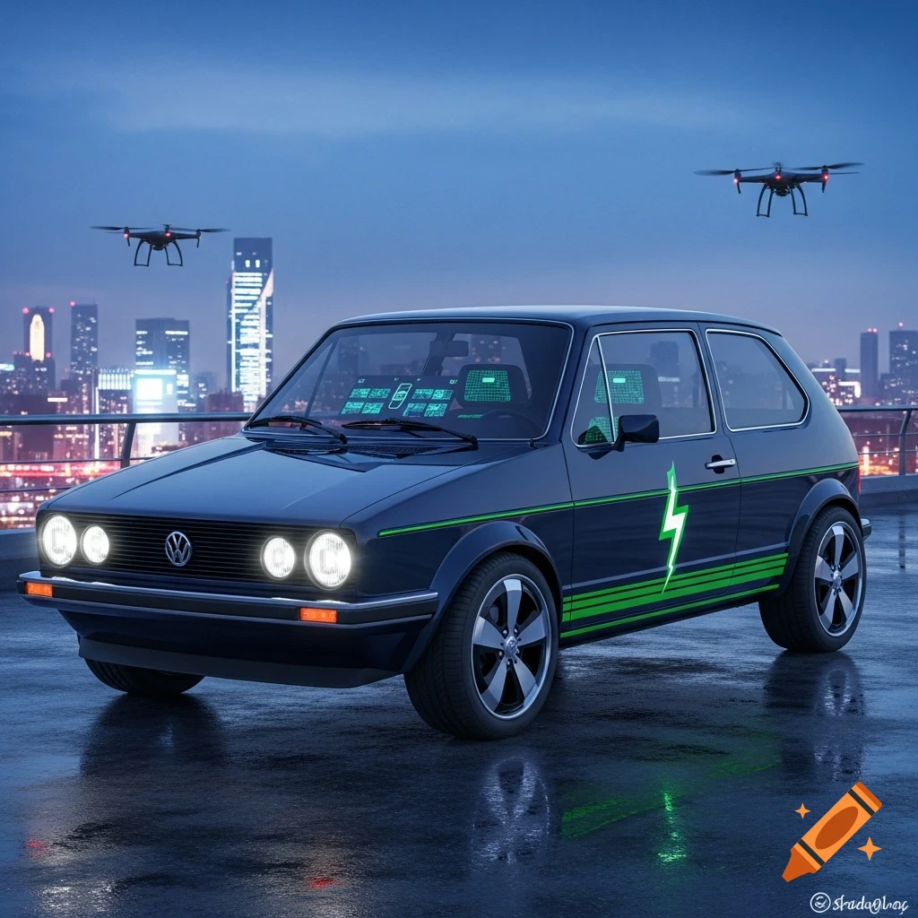 A dark blue retro Volkswagen Golf 1 electric car with green lightning bolt decals, parked on a wet rooftop at night with city lights and two drones in the background.
