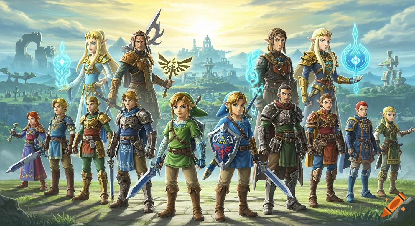 A large group of diverse fantasy characters, including Link and Zelda, stand ready in a vibrant, stylized Hyrule-like landscape with ancient ruins.