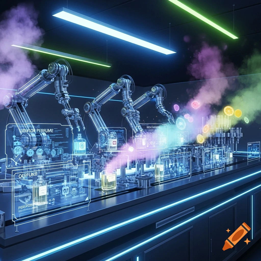 Futuristic automated perfume factory with robotic arms, glowing screens, and colorful smoke.