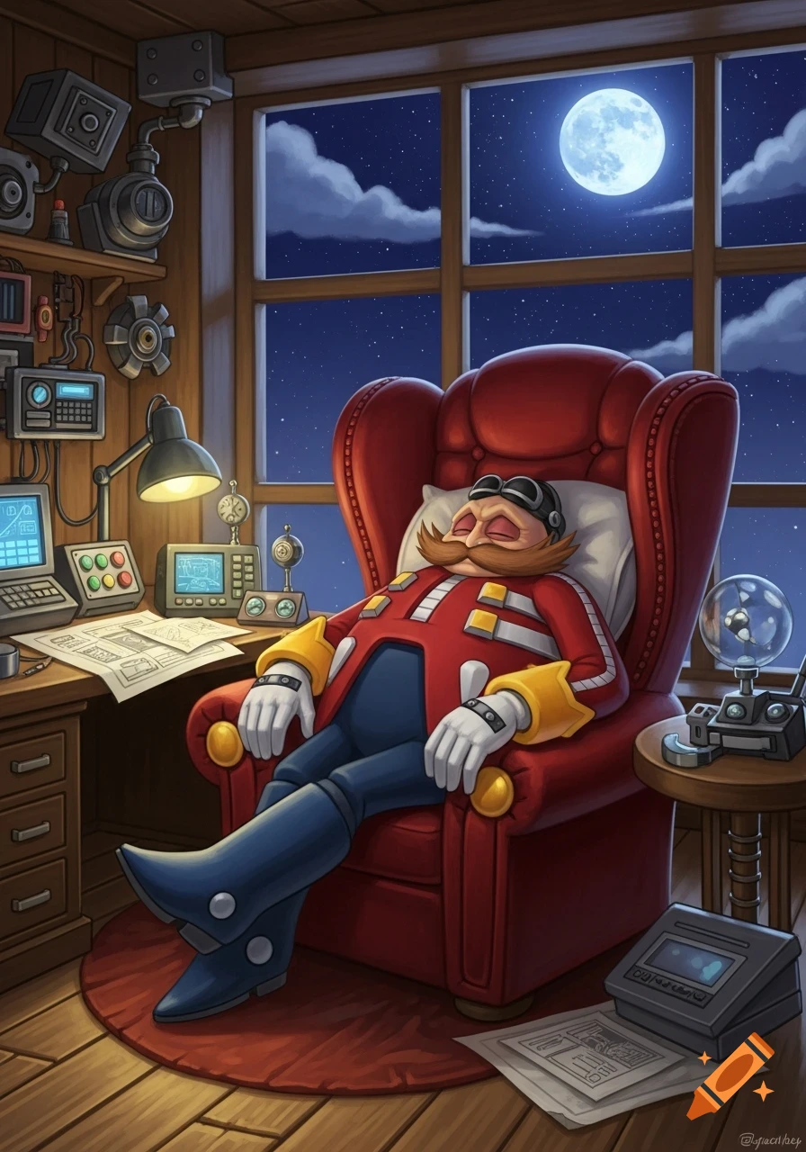 Cartoon Eggman sleeping soundly in a red armchair in a cluttered workshop, under a full moon visible through the window.