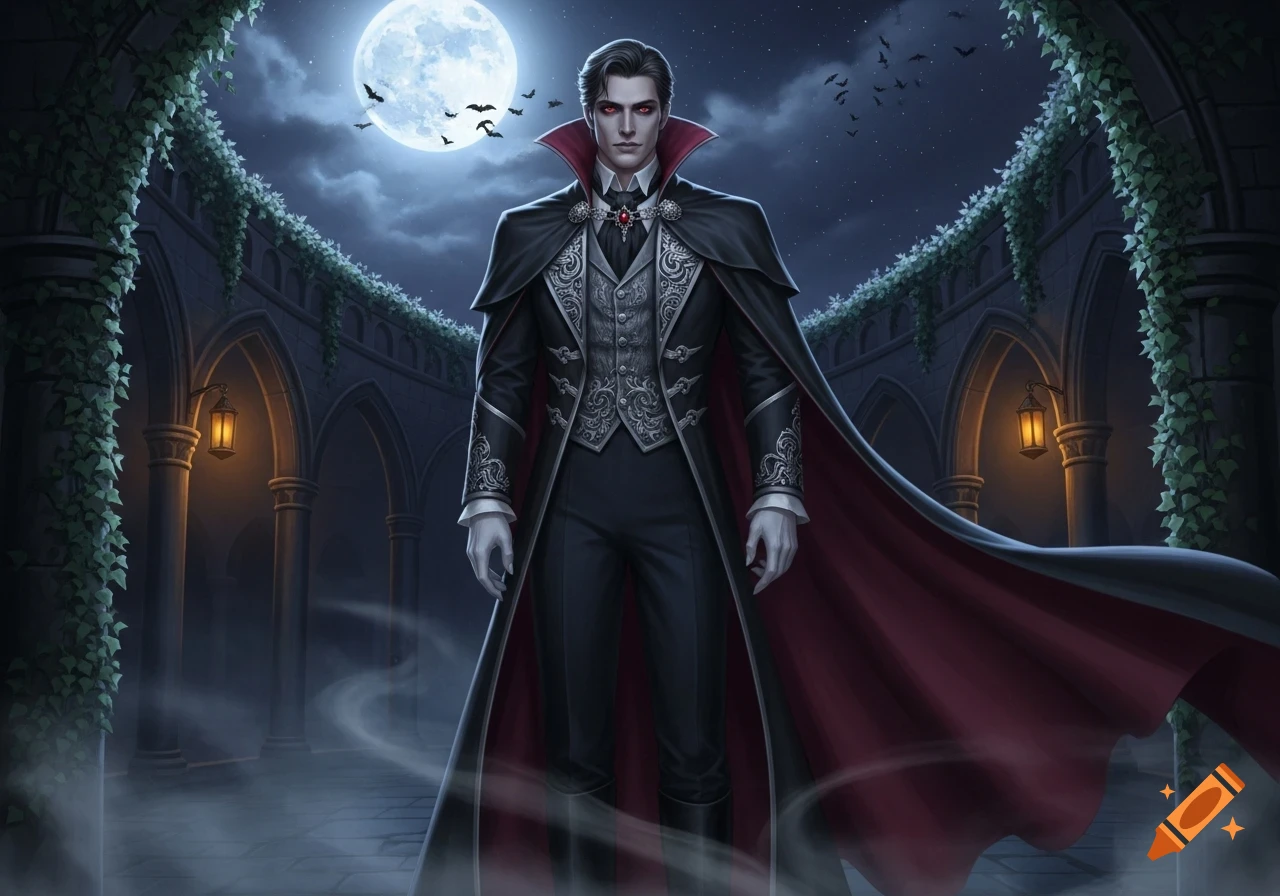 A man dressed as a vampire in a black and red cape and ornate vest stands in a gothic courtyard under a full moon with bats flying.