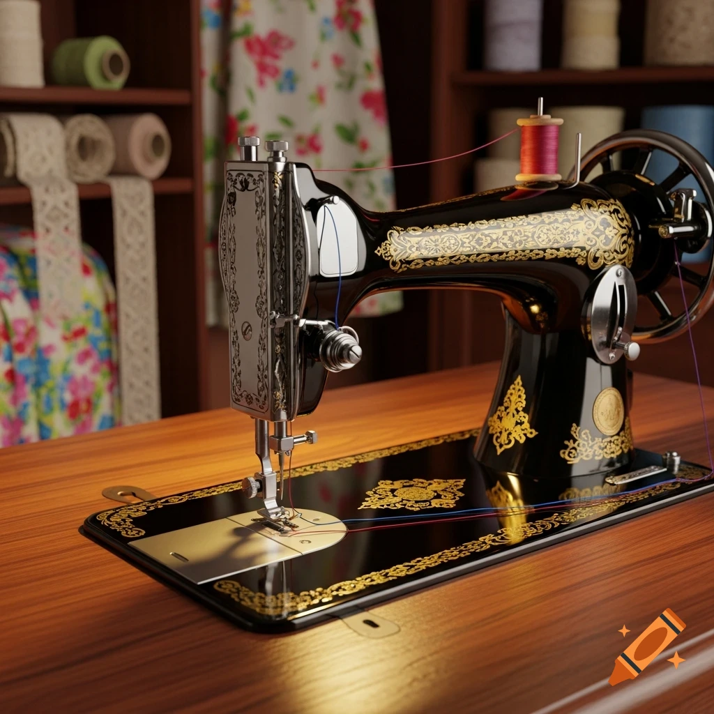A vintage black and gold sewing machine with a red spool of thread on a wooden table, with fabric and lace in the background.