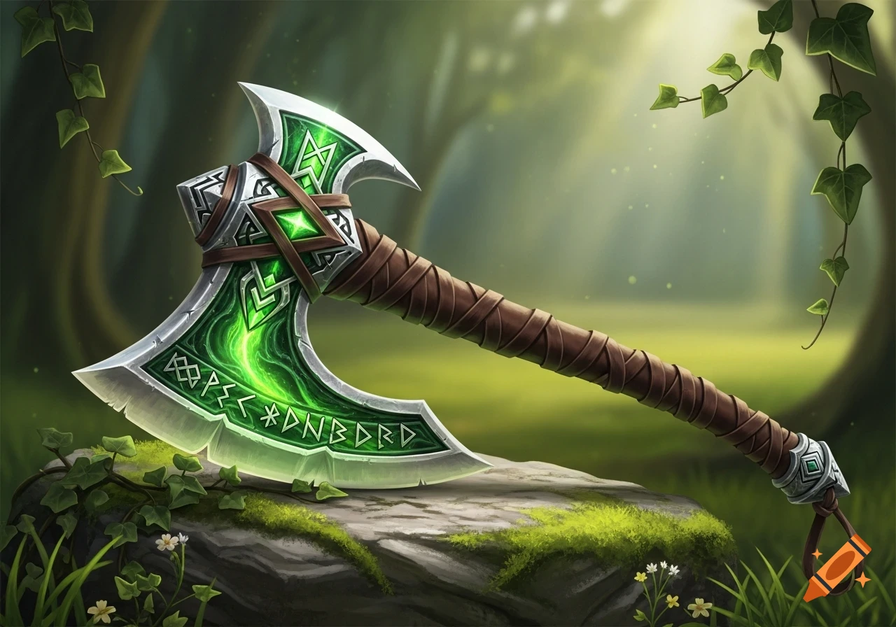 A detailed fantasy battle axe with a glowing green blade and leather-wrapped handle rests on a mossy rock in a sunlit forest.