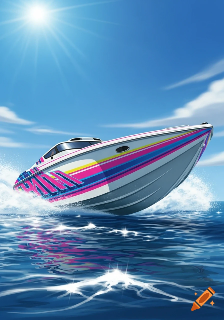 A vibrant 80s style speed boat with pink and blue stripes jumping over waves on a sunny day.