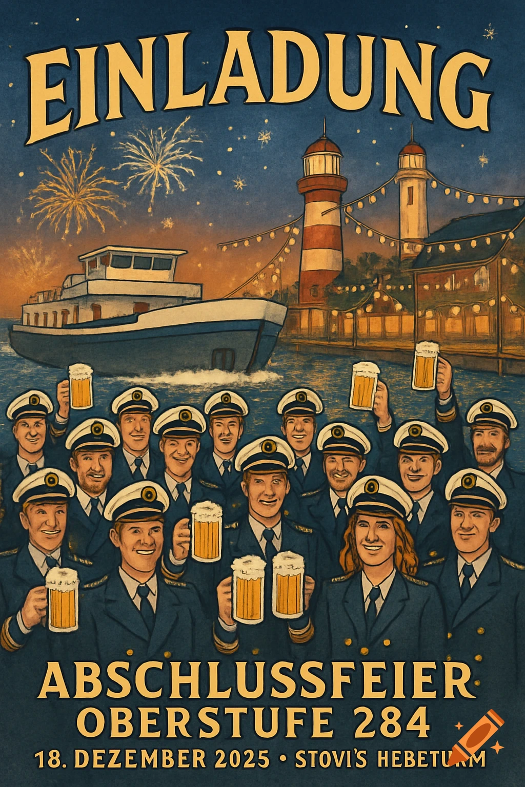 Vintage-style nautical poster for a graduation party, showing smiling captains with beer mugs, a ship, lighthouses, and fireworks.