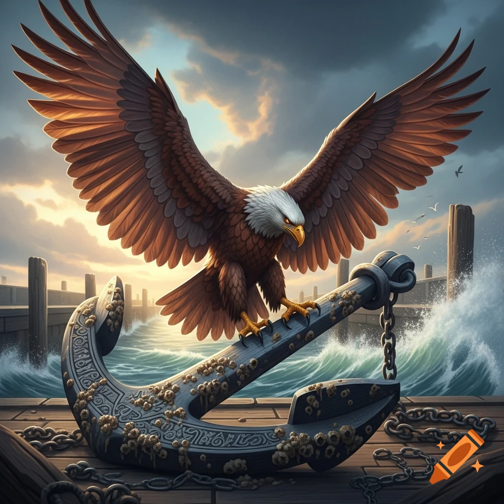 A majestic bald eagle perches on a large, barnacle-covered anchor on a stormy wooden dock, with crashing waves and a dramatic sky in the background.