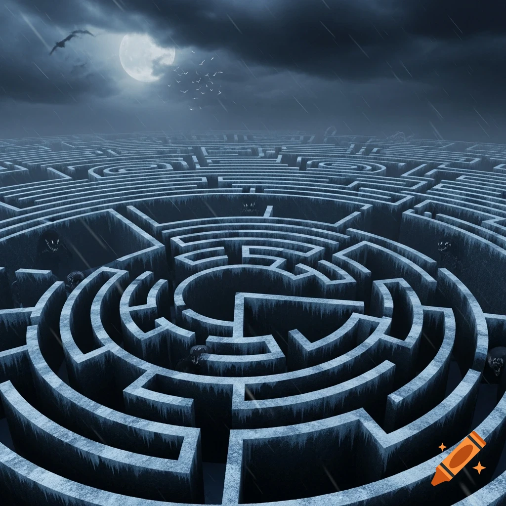 A vast, icy maze under a dark, stormy sky with a full moon. Shadowy figures lurk within the maze walls as birds fly overhead.