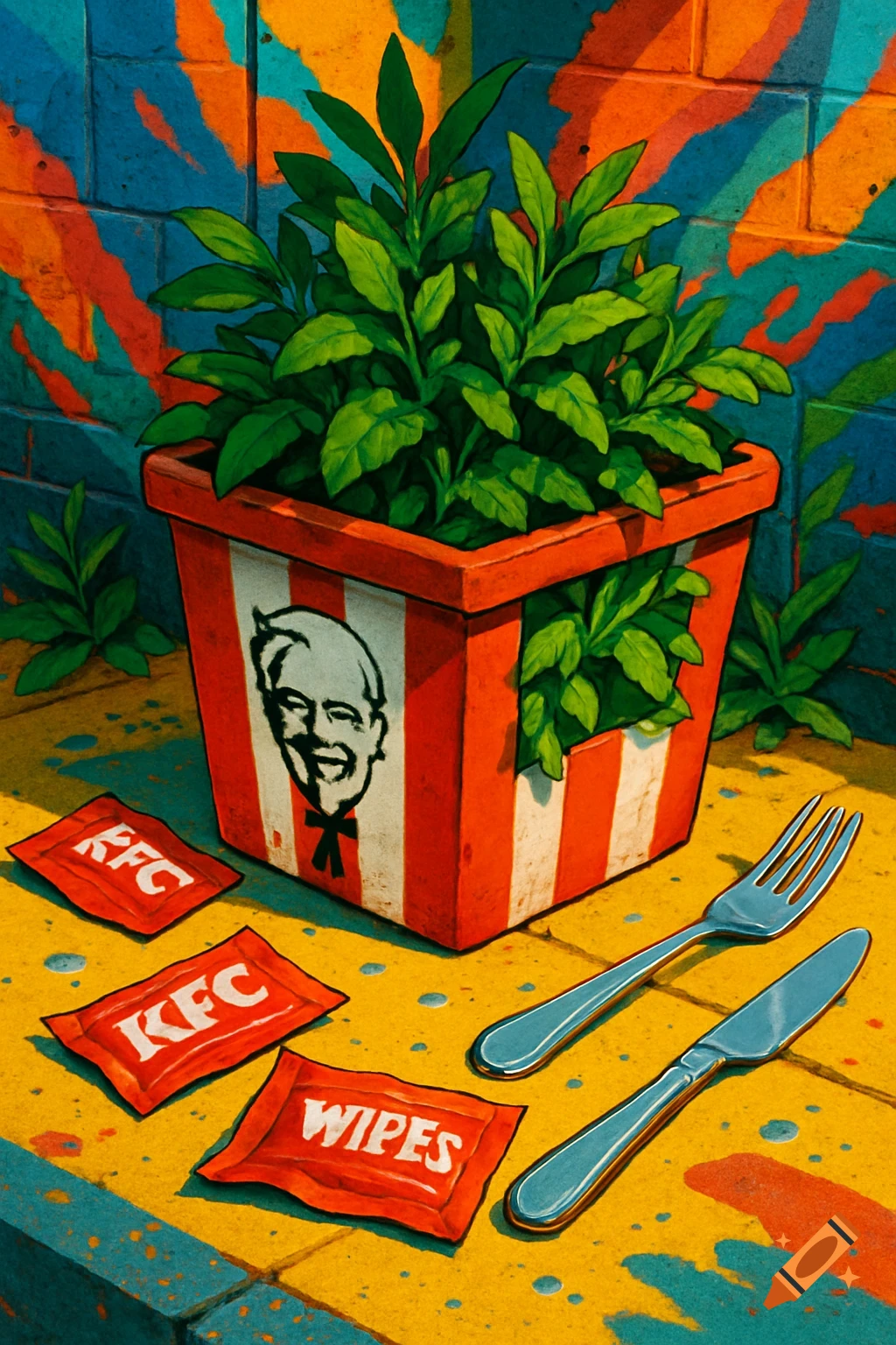 Pop art illustration of a plant in a KFC bucket with sauce packets, a fork, and a knife on a vibrant street.