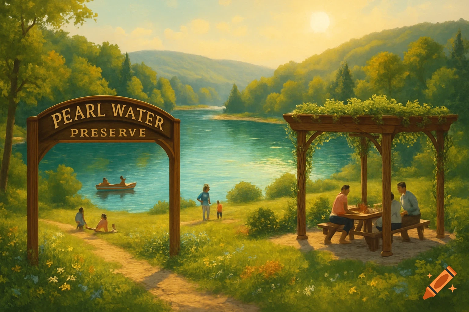 An idyllic, painterly scene of Pearl Water Preserve. A sign stands by a lake where people boat; others picnic under a pergola.