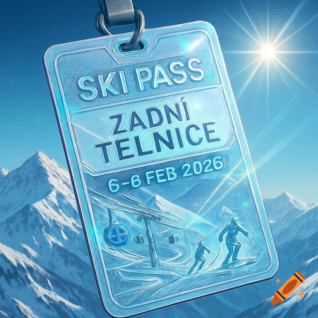 A shiny, translucent blue ski pass with "SKI PASS ZADNÍ TELNICE 6-8 FEB 2026" text, depicting skiers and a ski lift over snowy mountains.