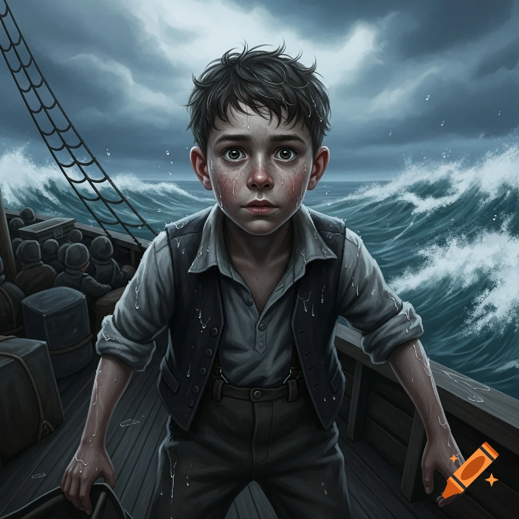 Distressed young boy crying on a boat in a stormy, dark sea with large waves, rendered as a detailed digital painting.