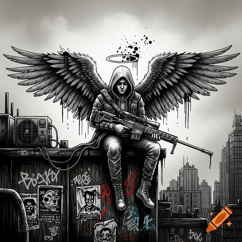 A hooded figure with large feathered wings and a halo, holding a sniper rifle, sits on a graffiti-covered rooftop in a grungy ink art style, overlooking a city skyline.