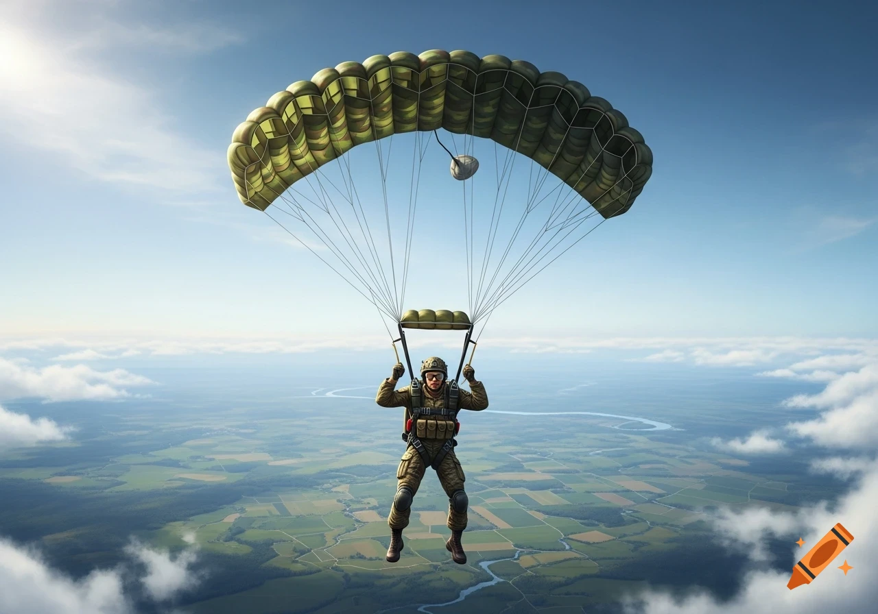 A graphic illustration of a paratrooper descending with a green camouflage parachute over a green, cloud-dotted landscape.