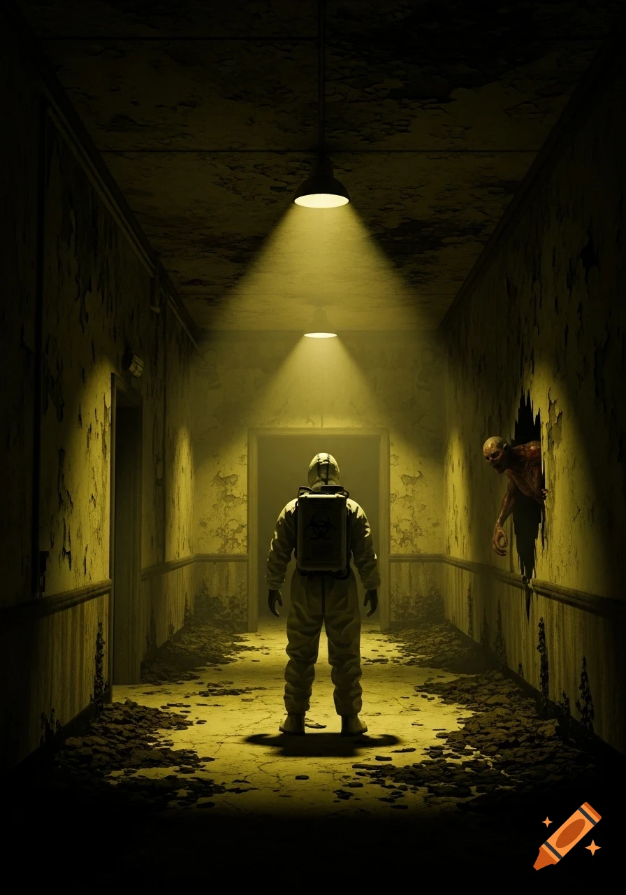 A person in a hazmat suit stands in a dark, decaying corridor with yellow walls, facing a monstrous figure peeking from a broken wall.