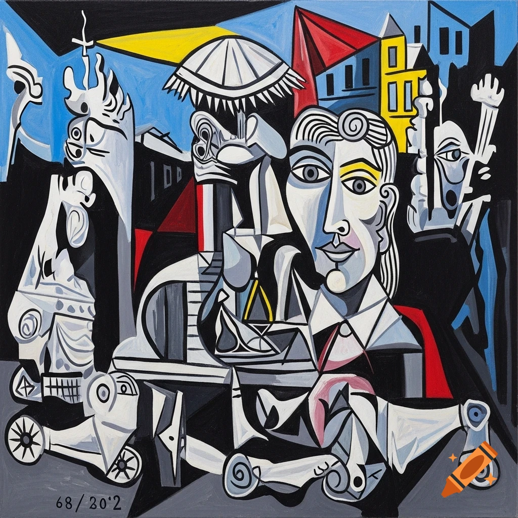 A cubist painting featuring a central figure's face, abstract figures, and buildings in blue, yellow, black, and red.