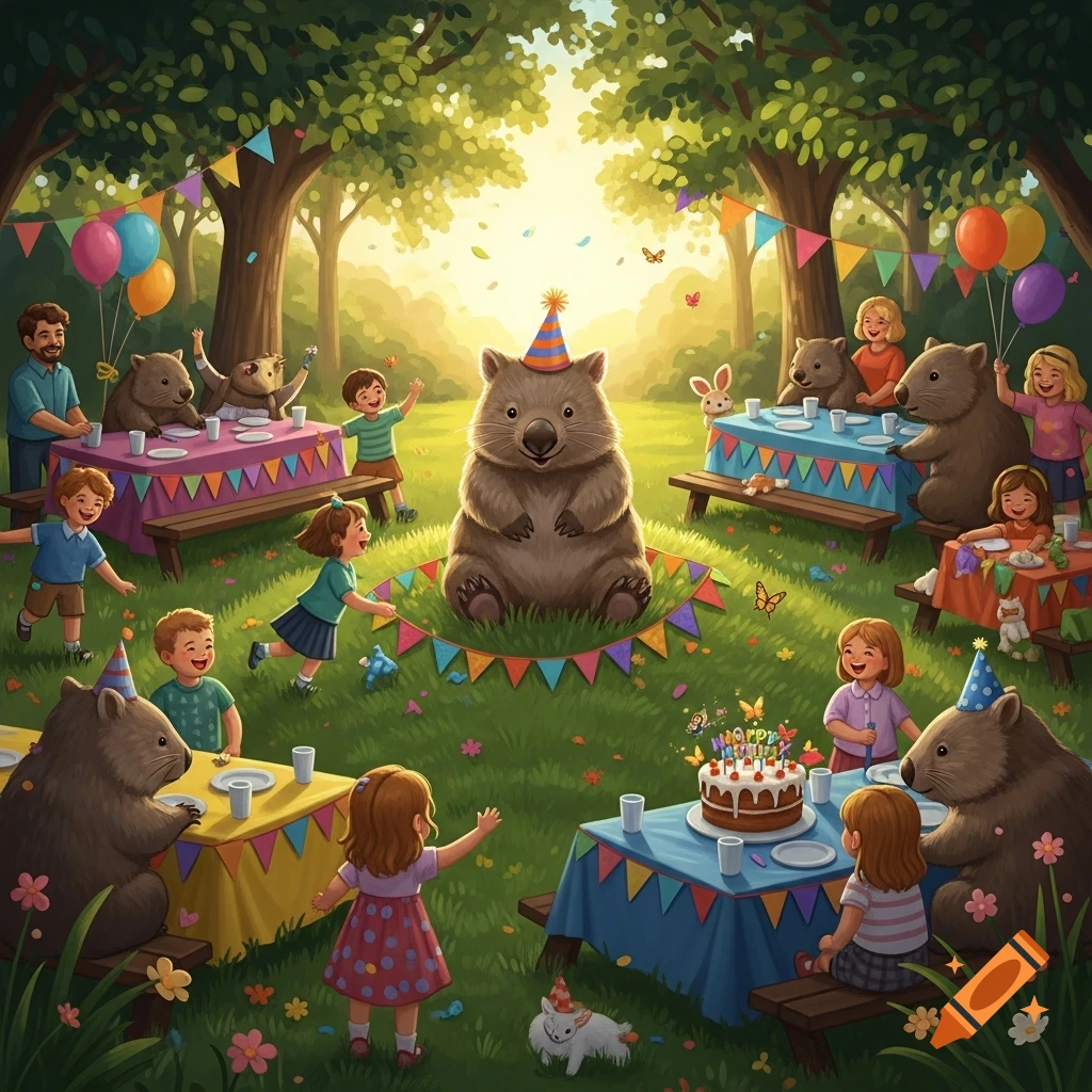 A cartoon illustration of a birthday party for a wombat in a sunny park with children, other wombats, balloons, and cake.