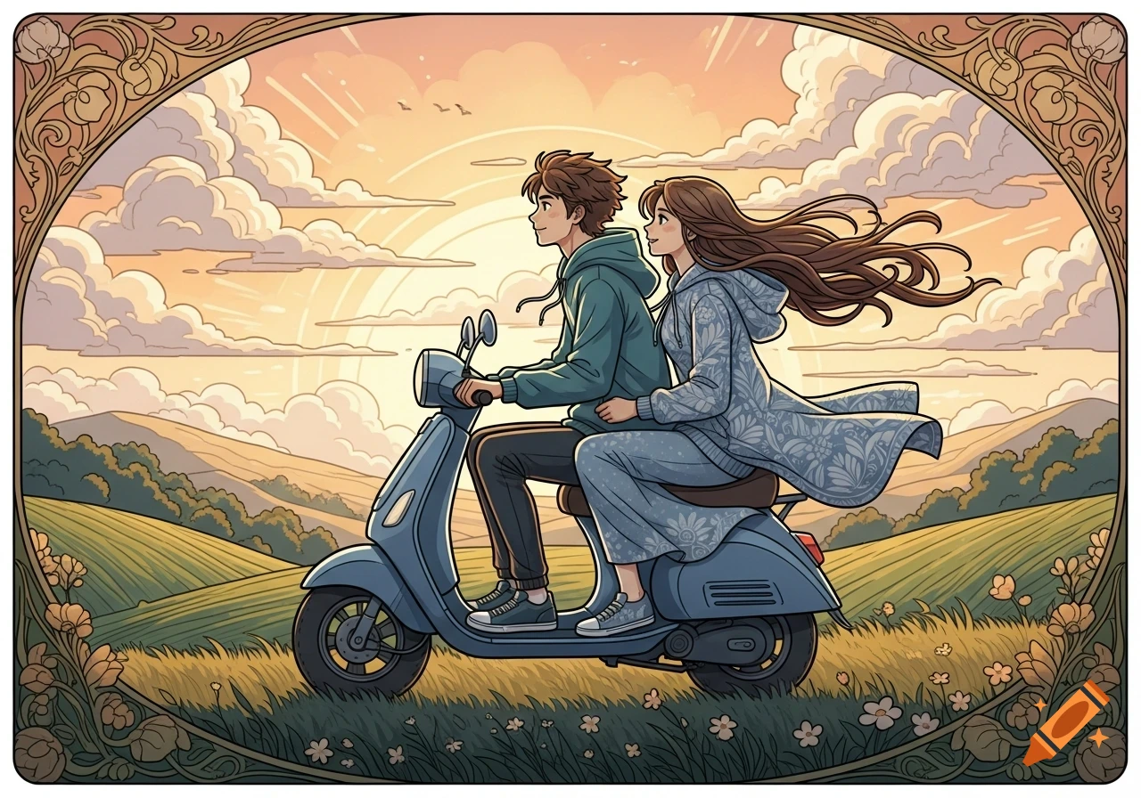 A young couple riding a blue scooter through rolling green hills at sunset, framed by an Art Nouveau border.