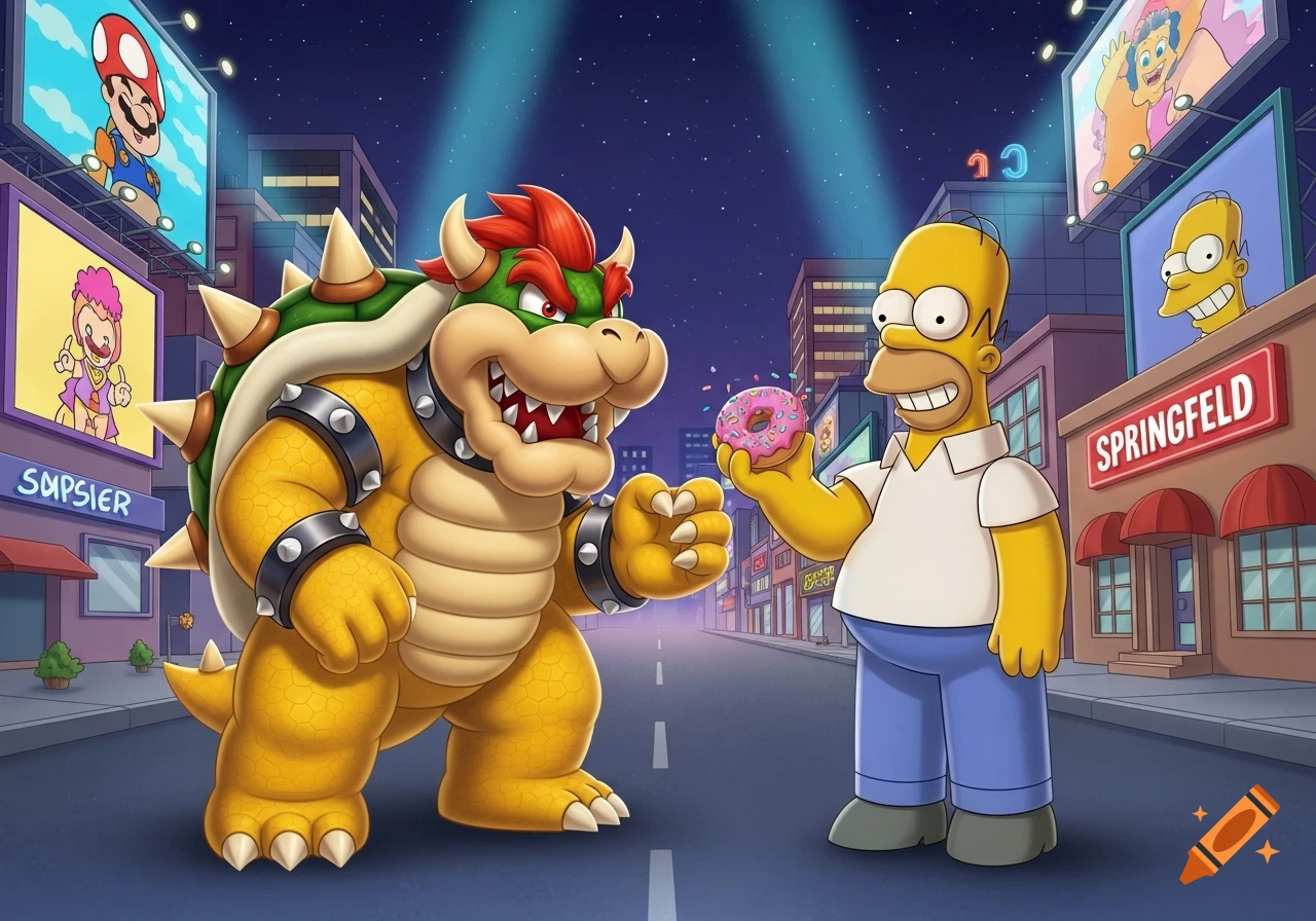Bowser and Homer Simpson face each other on a city street at night, Homer holding a pink donut.