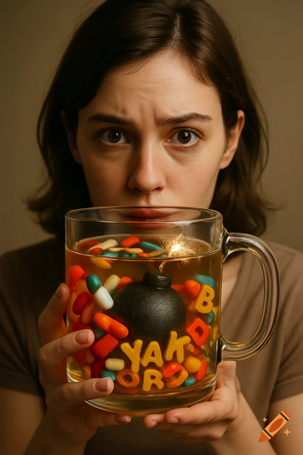A woman holds a transparent mug filled with water, colorful pills, alphabet letters, and a lit bomb, looking at the camera with a concerned expression.