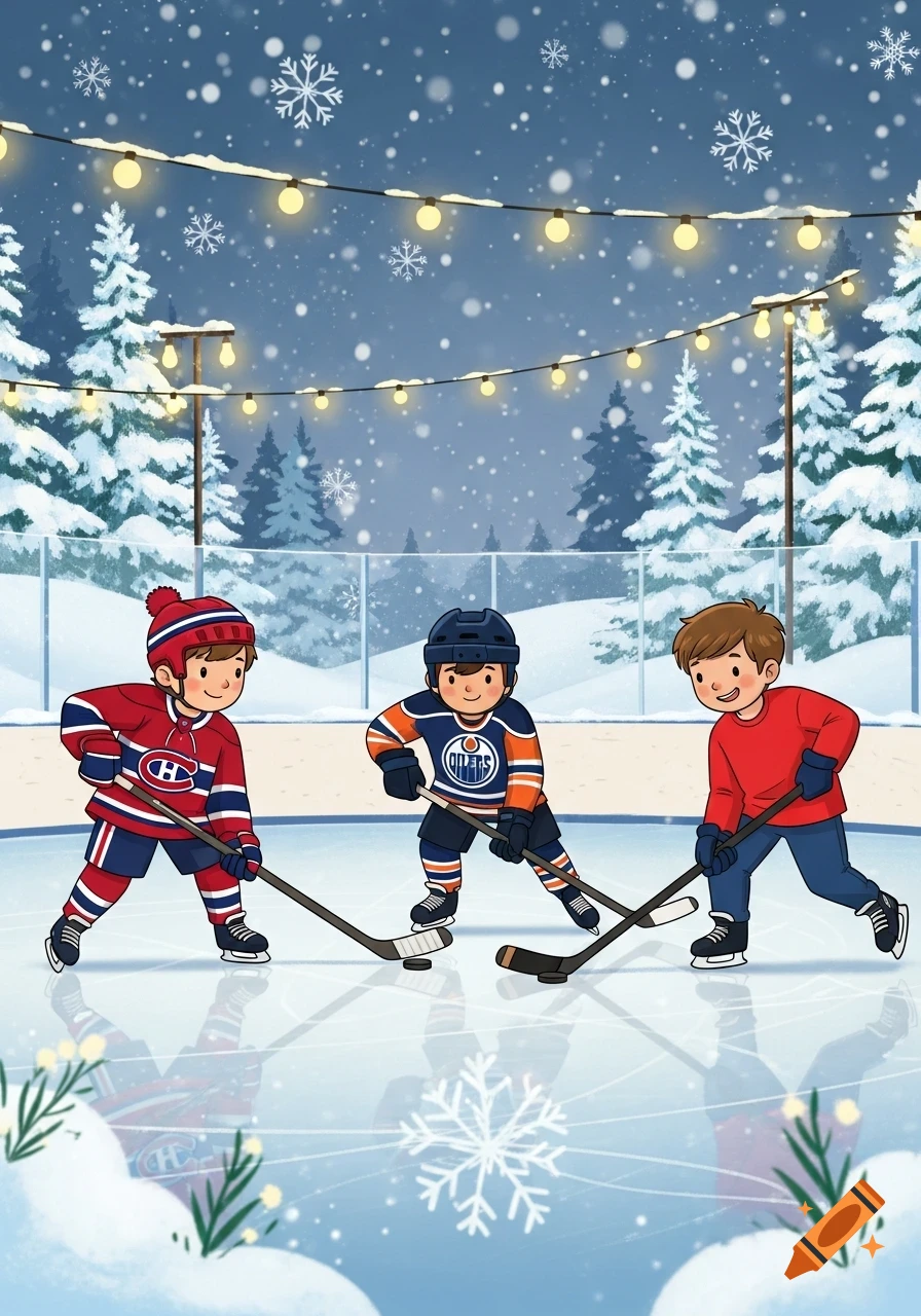 Three cartoon boys playing hockey on a snowy outdoor rink with string lights and trees.