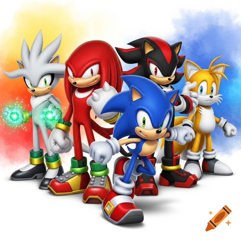 Silver, Knuckles, Shadow, Sonic, and Tails stand together against a vibrant, painterly background in a stylized illustration.